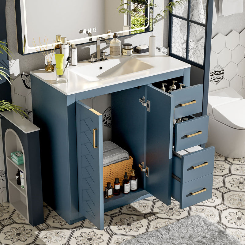 Bathroom Vanity With Sink, Storage Cabinet, Freestanding Set With 3 Drawers & Soft Closing Doors - Indigo