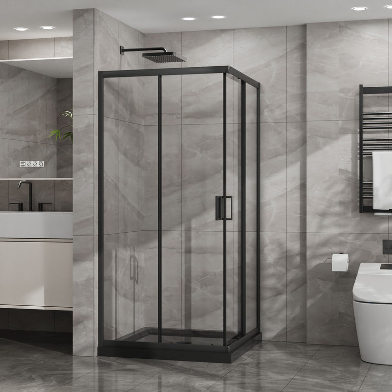 Corner Shower Enclosure, Sliding Door - Matte Black