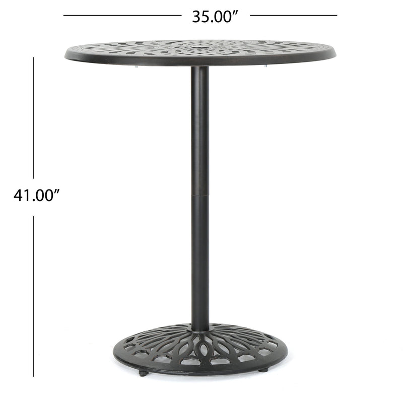 Elegant Cast Aluminum Round Bar Table With Romantic Filigree Design - Copper