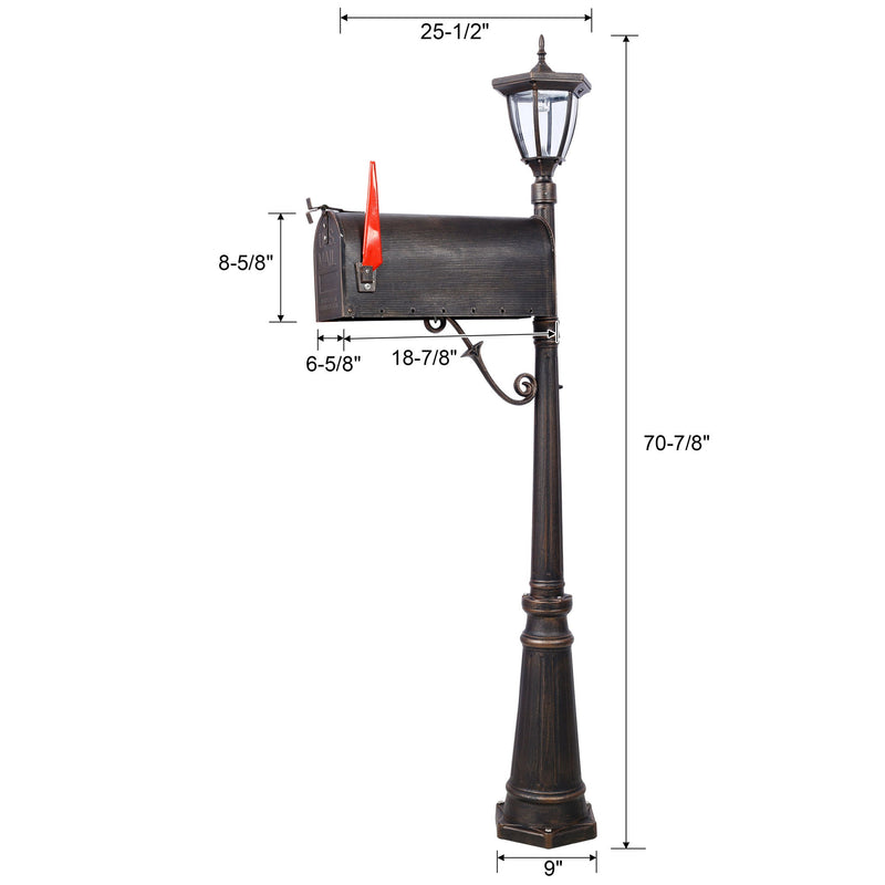 Stratford - Heavy Duty Cast Aluminum Mailbox With Post And Solar Light, Fluted Base, Decorative Modern Mailbox - Brown