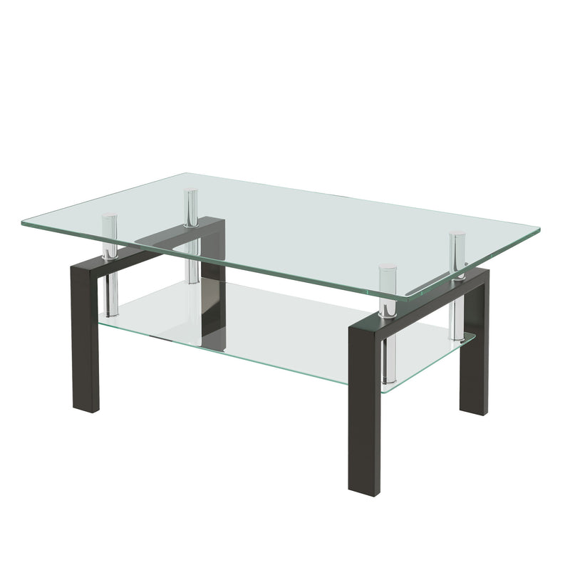 Tempered Clear Glass Coffee Table, 2-Layers Coffee Table Living Room Center Table - Black