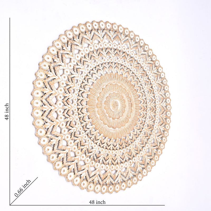 Floral Hand Carved Mandala Round Wall Decor - Brown / Antique White
