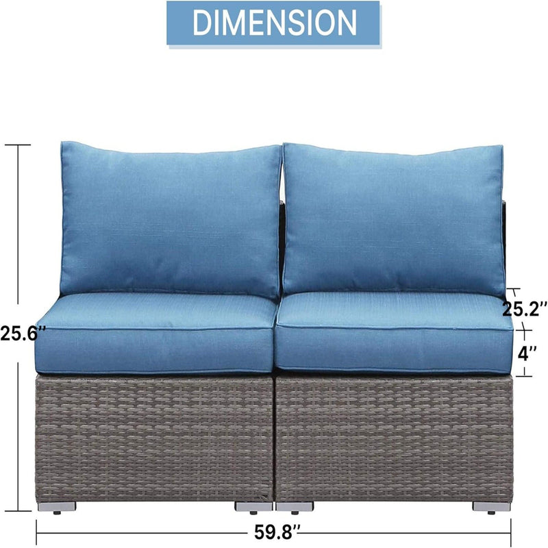 Armless Patio Sofa Set, With UV Resistant Frame And Waterproof Cushions - Blue / Brown