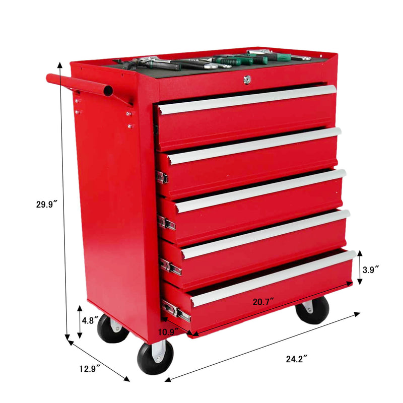 5 Drawer Metal Rolling Tool Chest With Locking System And Wheels - Red