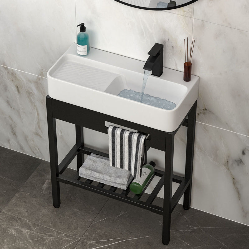 Inspired Console Sink With Built In Washboard, Overflow & Sleek Legs, 28" X 12" - White / Black