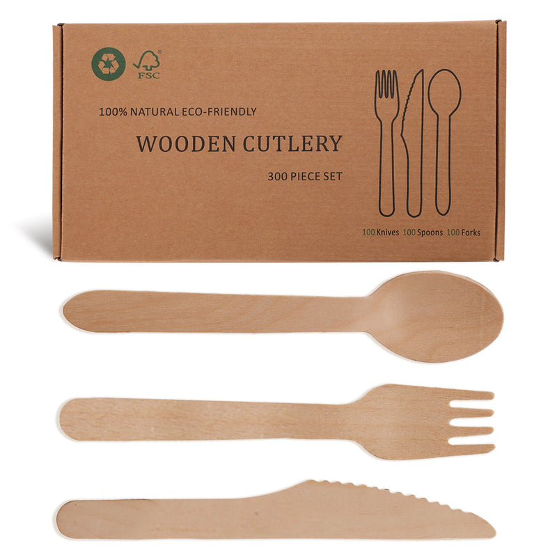 Wooden Compostable Utensils Set 300 Pieces 100 Forks 100 Spoons 100 Knives Sturdy Wood Disposable Cutlery Eco Friendly Biodegradable Utensils For Party Free From Plastic Cutlery Set For Eating - Natural Wood