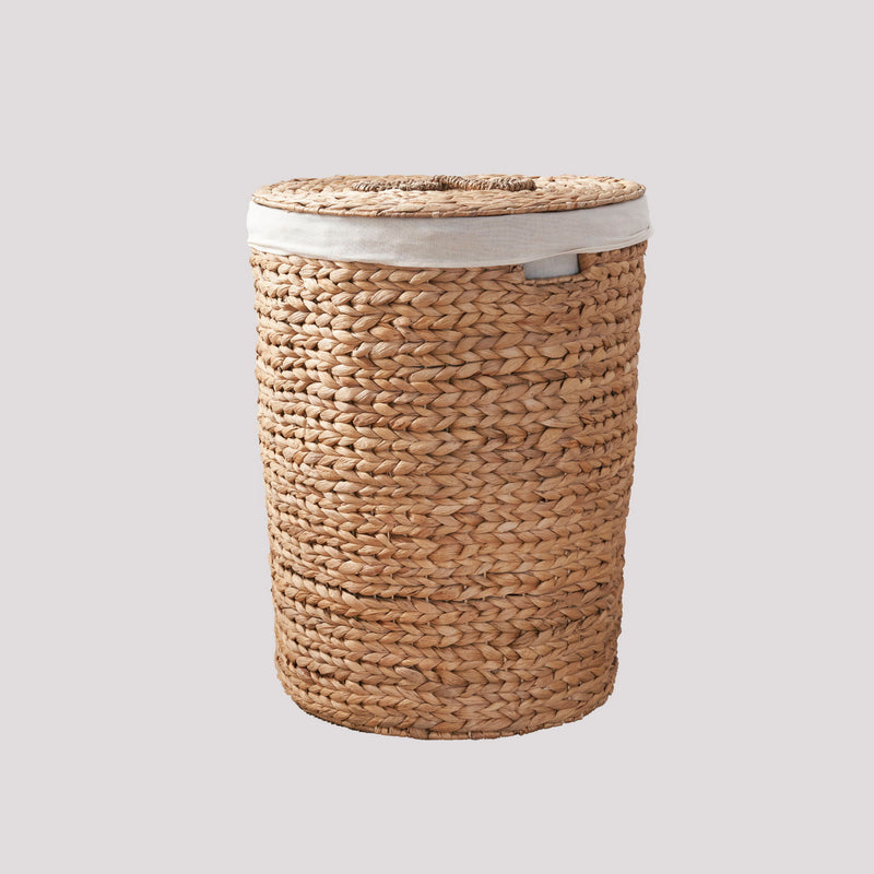 Round Tall Water Hyacinth Woven Wicker Laundry Hamper With Lid - For Clothes, Toys And Book Storage With Removable Liner - 15" X 15" X 20" - Natural Brown