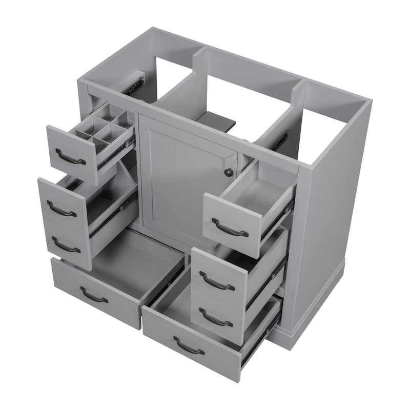 36" Bathroom Vanity Without Sink, Cabinet Base Only, 6 Drawers, Multi Functional Drawer Divider, Adjustable Shelf - Gray