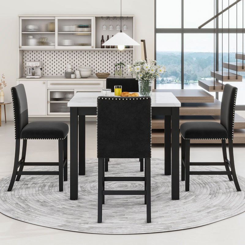 5-Piece Counter Height Dining Table Set With One Faux Marble Top Dining Table And Four Upholstered Chairs