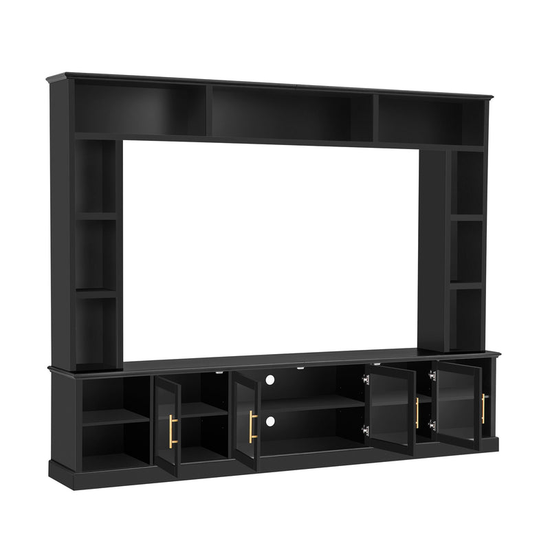 All-In-One Entertainment Center With Bookshelves & Tempered Glass Doors, TV Console Unit For Living Room