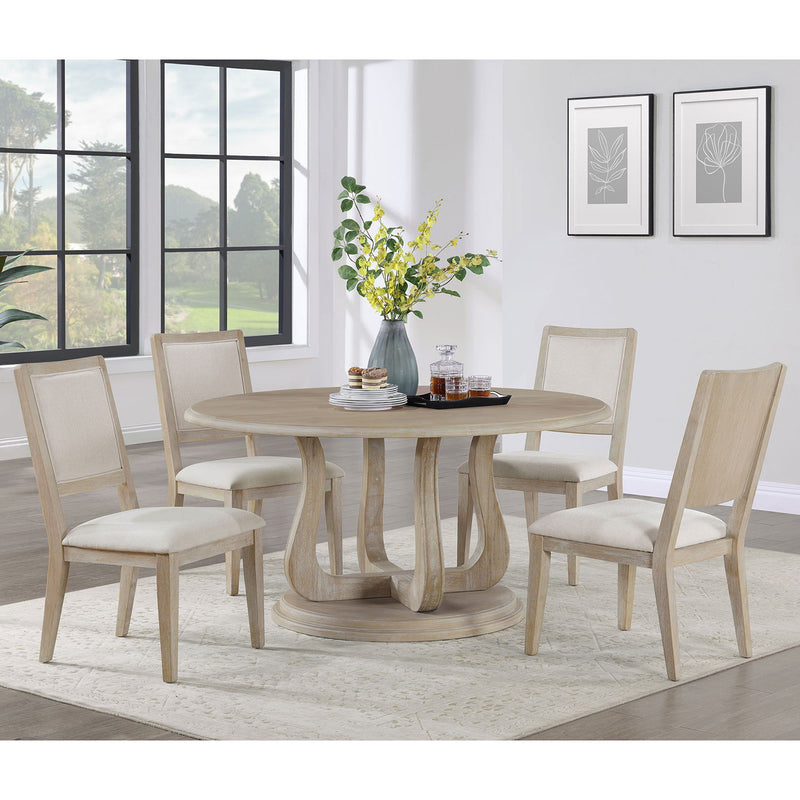 Rodota - 5 Piece Round Dining Table Set With Upholstered Chairs - White Washed