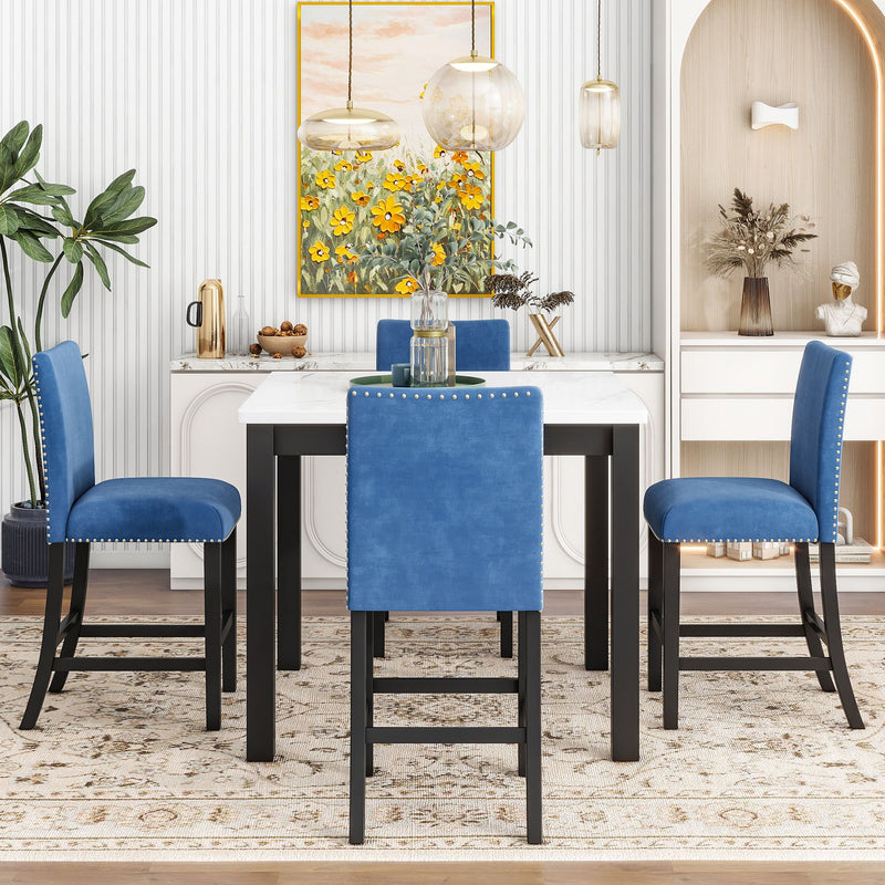 5-Piece Counter Height Dining Table Set With One Faux Marble Top Dining Table And Four Upholstered Chairs