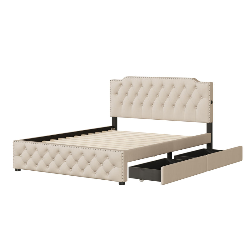 Upholstered Platform Bed With 2 Drawers And 2 Sets Of USB Ports On Each Side, Fabric