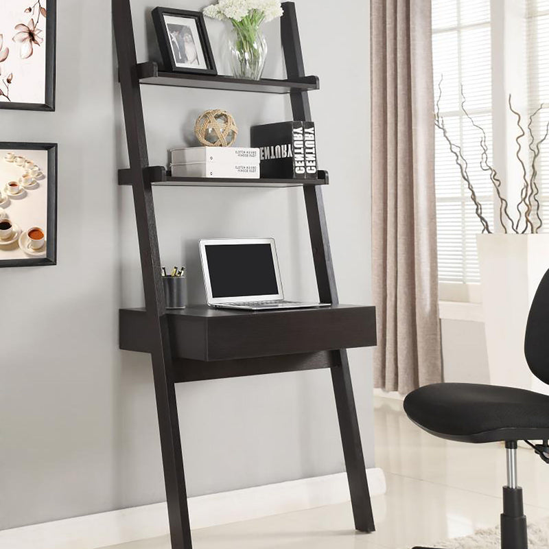 Wall Leaning Ladder Desk With 2 Shelves And 1 Drawer - Cappuccino