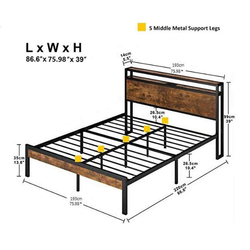 Metal Platform Bed Frame With Wooden Headboard And Footboard With USB Liner, No Box Spring Needed, Under Bed Storage