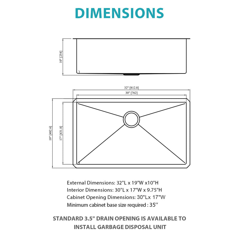Finish Undermount Stainless Steel Kitchen Sink 32" X 19" 16 Gauge Deep Single Bowl