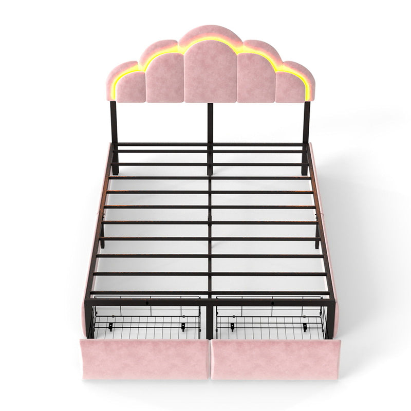 Full RGB LED Upholstered Platform Bed With Petal Headboard And Storage Drawers For Kids Bedroom - Pink