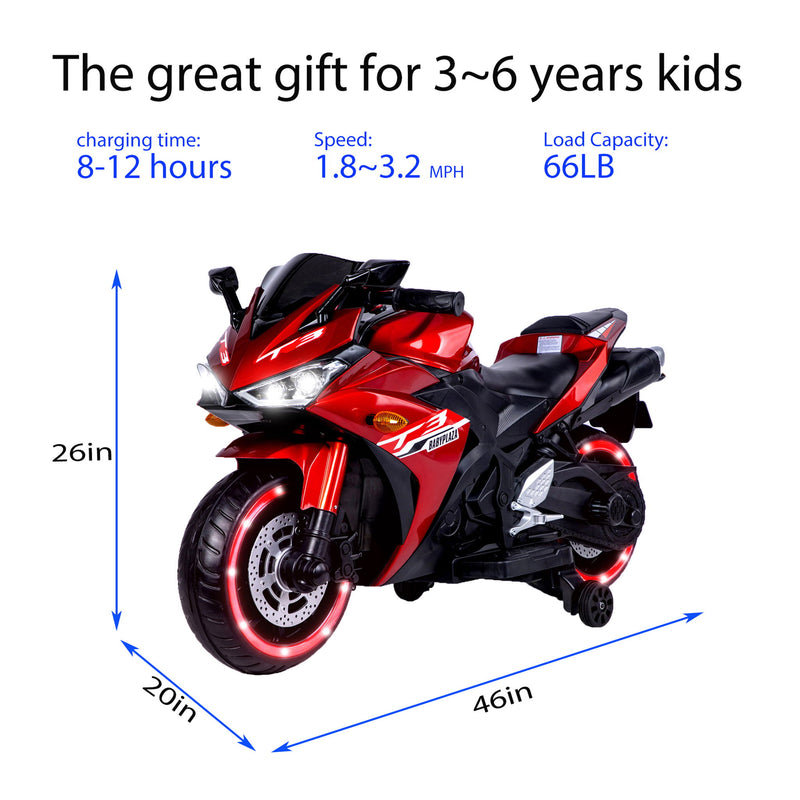 Kids 12V Motorcycle With Training Wheels, Manual Throttle, And Lighting Wheels For Boys And Girls Ages 3-6 - Red
