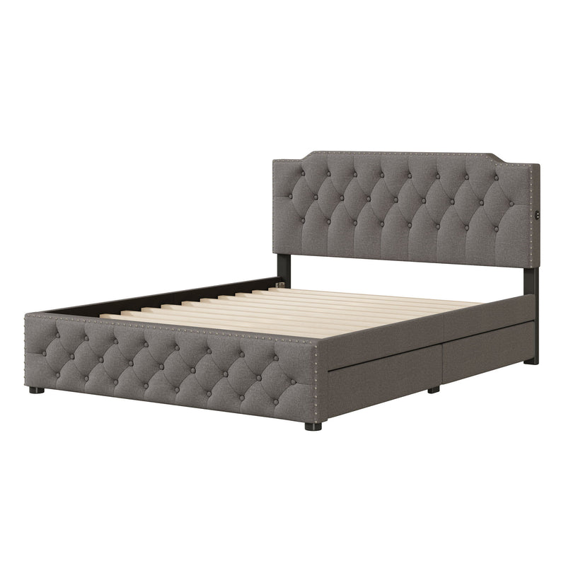 Upholstered Platform Bed With 2 Drawers And 2 Sets Of USB Ports On Each Side, Fabric