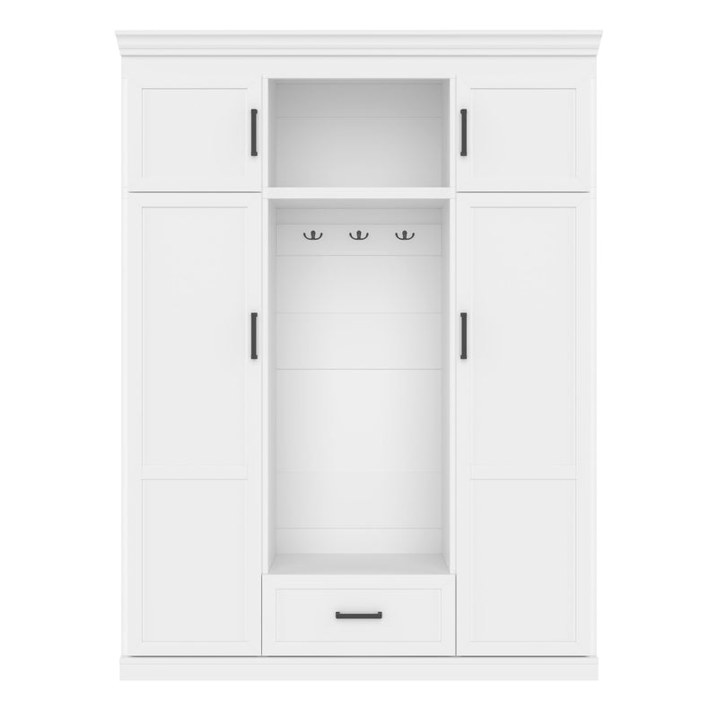 Hall Tree With Bench And 3 Hooks, Modern Entryway Storage Organizer Cabinet With 4 Doors, 1 Drawer And Adjustable Shelves