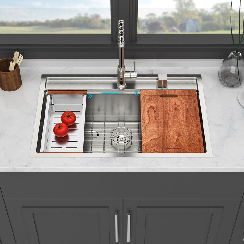 33" Drop In Kitchen Sink With Workstation, 16 Gauge Stainless Steel - Brushed Nickel