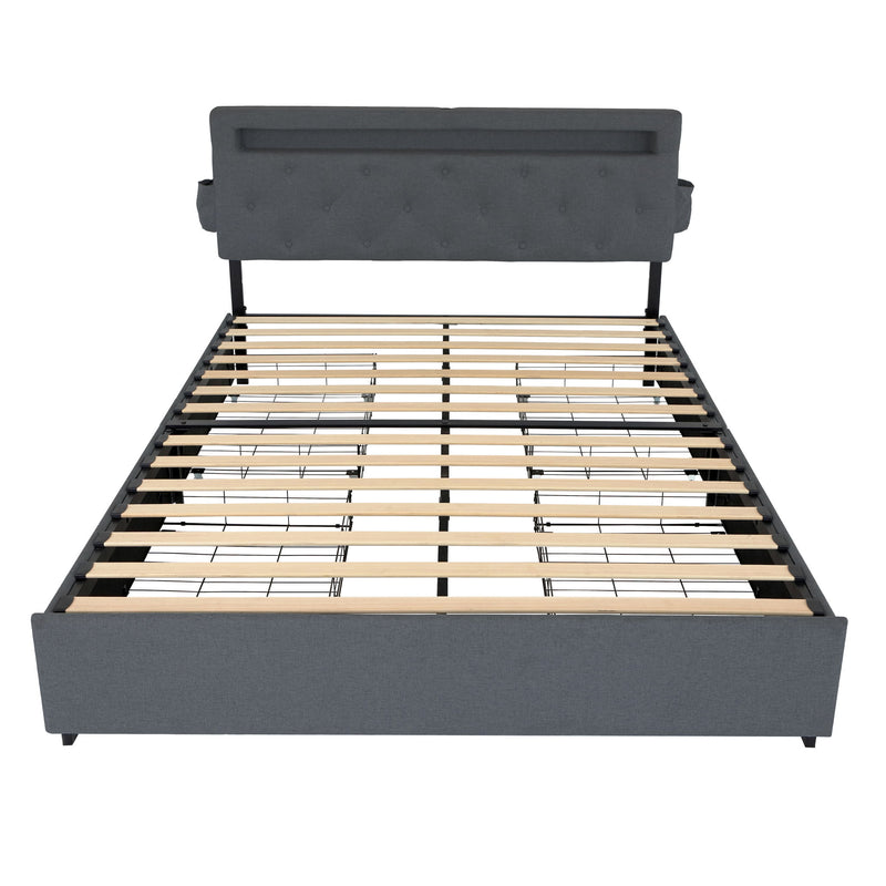 Bed With USB Charging Station, LED Lights, Headboard & Storage Drawers