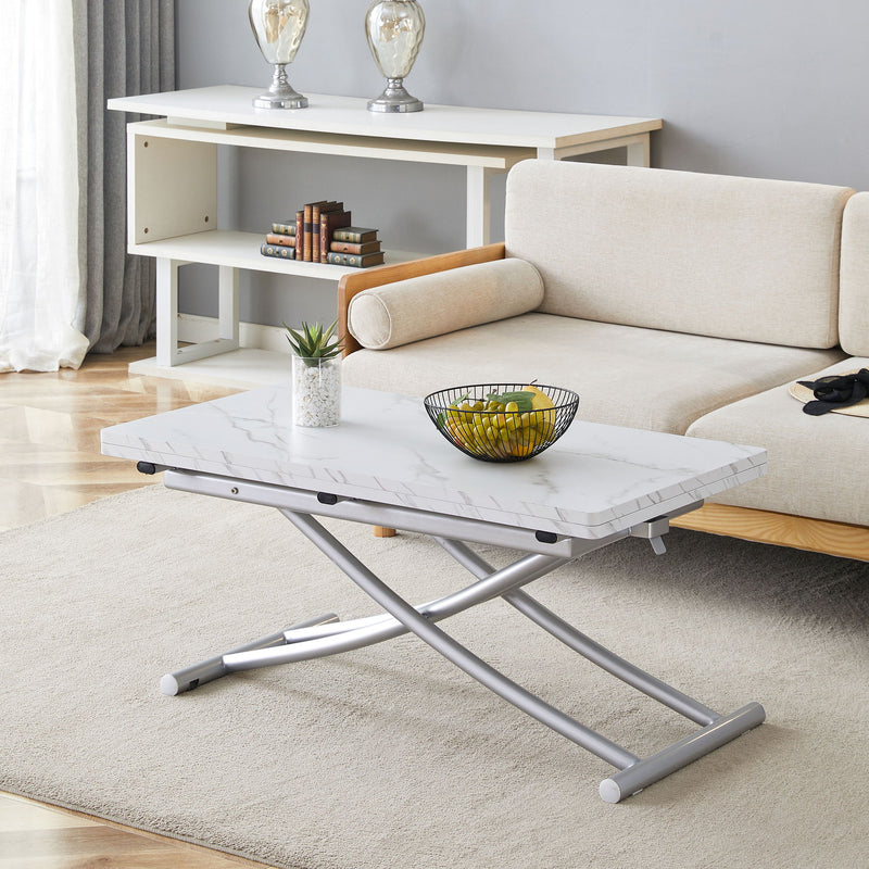 Modern Minimalist Multifunctional Lift Table With Metal Legs - White / Silver