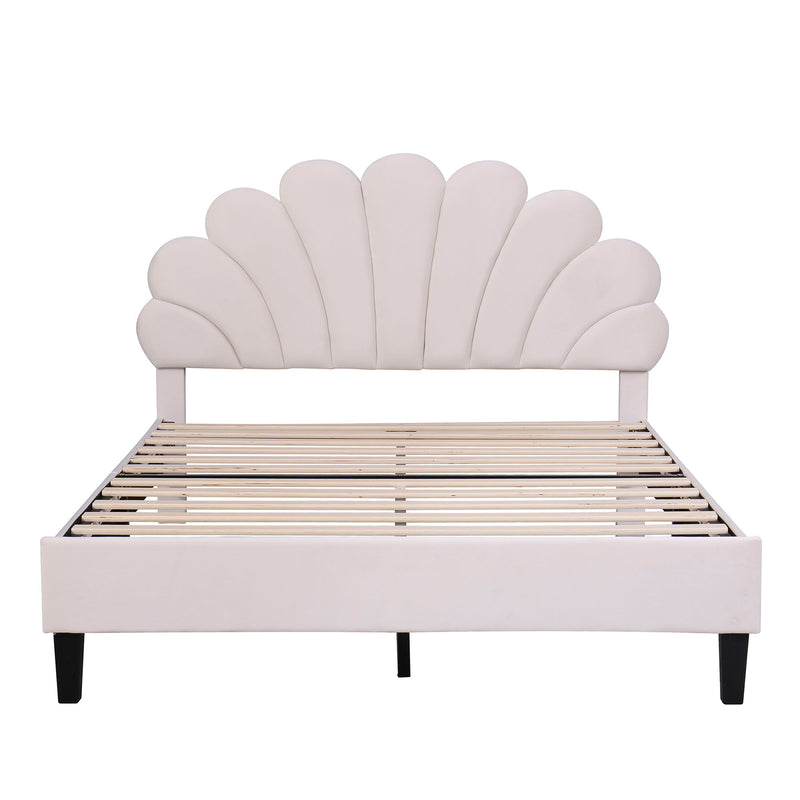 Upholstered Platform Bed With Flower Pattern Headboard