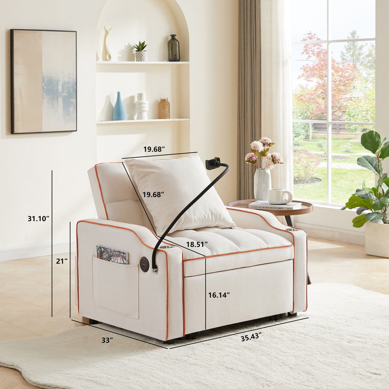 Convertible 3 In 1 Sofa Bed With Adjustable Sleeper Chair And Multi Pockets