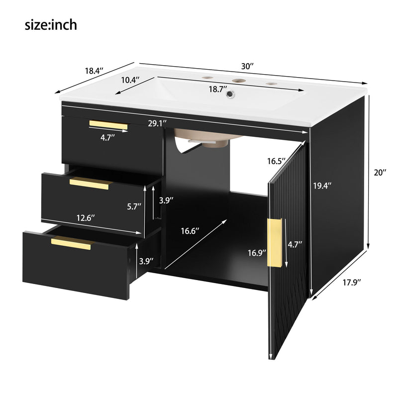 Wall Mounted Bathroom Cabinet With Side Cabinet Combo With Soft-Closing Doors And Drawers, Ceramic Sink
