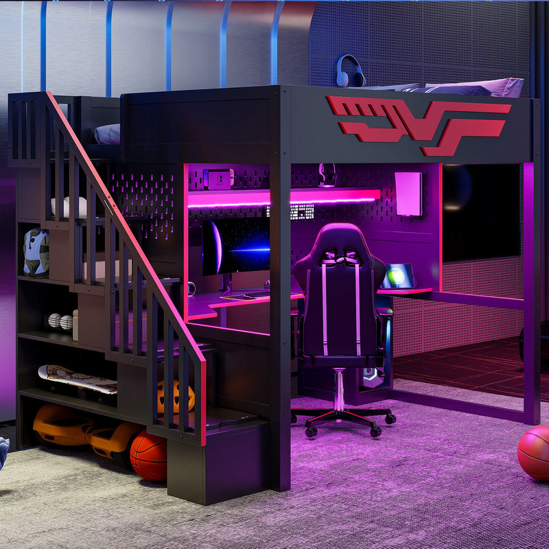 Full Gaming Loft Bed With Desk And Storage Staircase, LED Lights And USB - Red / Black