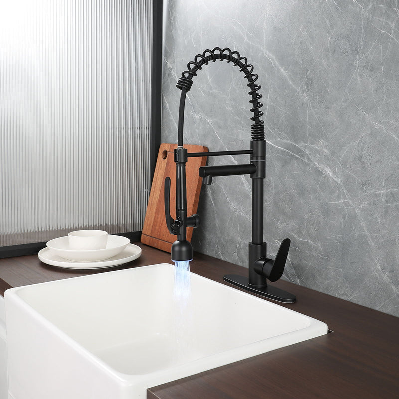 Kitchen Sink Faucet With LED Pull Down Sprayer, Single Handle High Arc Faucet, Dual Spouts, Deck Mount - Matte Black