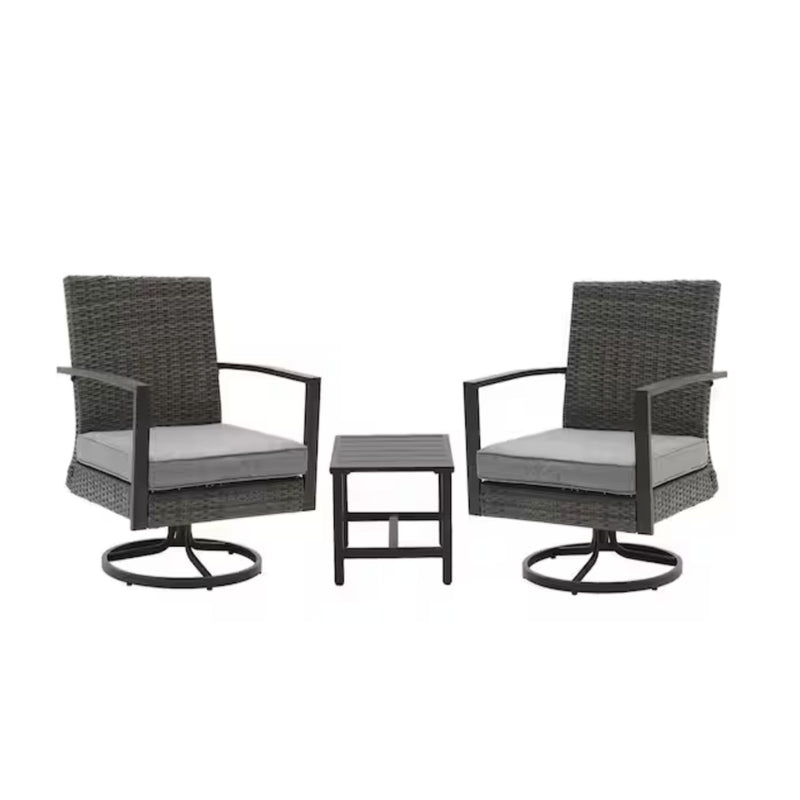 3 Piece Patio Furniture, Swivel Rocker Bistro Set With Side Table & Cushions For Porch - Gray
