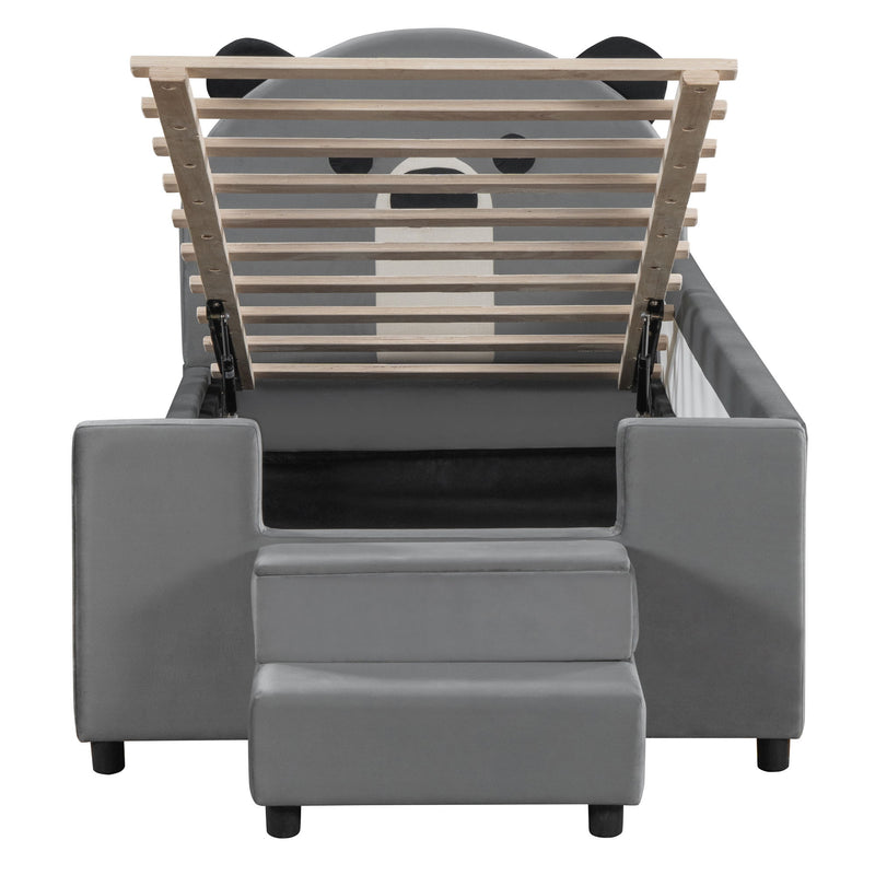 Upholstered Daybed With Bear Shaped Headboard, Hydraulic System And Breathable Fence