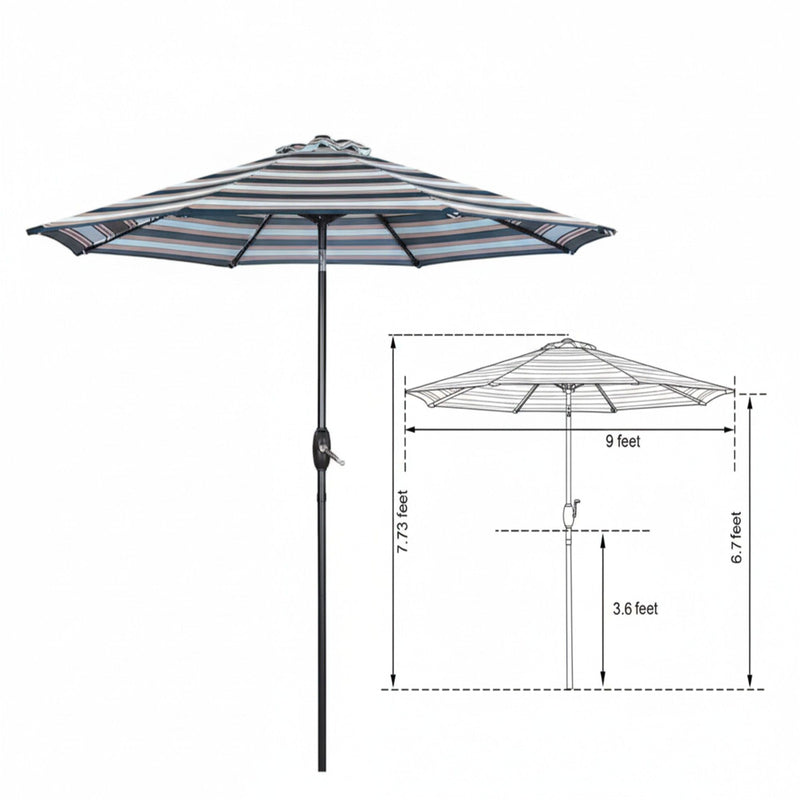 Patio Umbrella With Crank Lift & Push Button Tilt Frame, 200G / Sqm Solution Dyed Canopy - Blue Multi / Brown