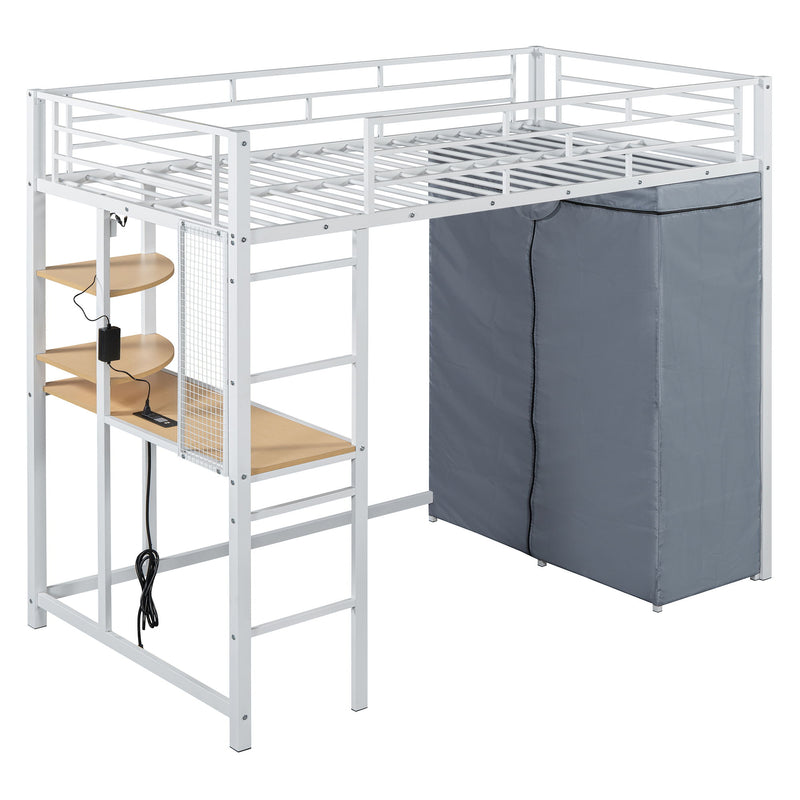 Loft Bed With Desk, Shelves, Power Outlet, LED Light And Wardrobe