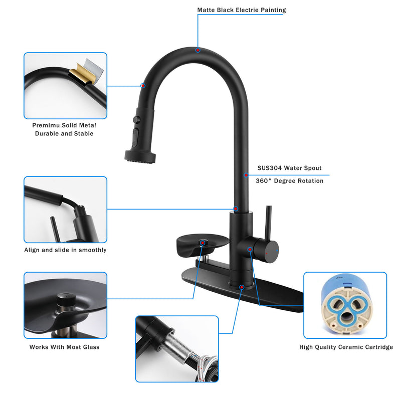 3 In 1 Kitchen Faucet With Press Type Glass Rinser, High Arc Pull Down Sprayer