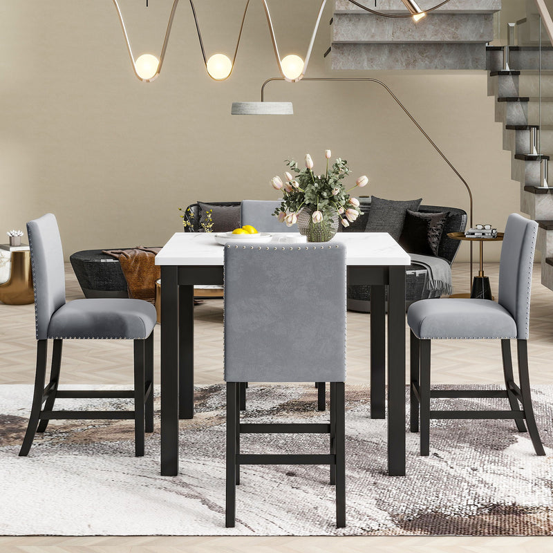5-Piece Counter Height Dining Table Set With One Faux Marble Top Dining Table And Four Upholstered Chairs