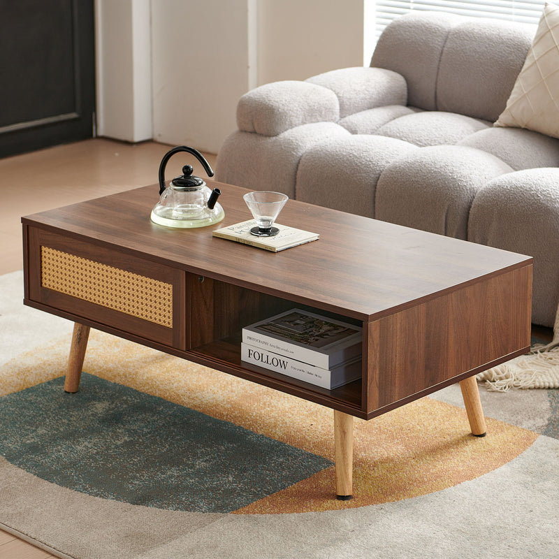 41.34" Rattan Coffee Table, Sliding Door For Storage, Solid Wood Legs, Modern Table For Living Room