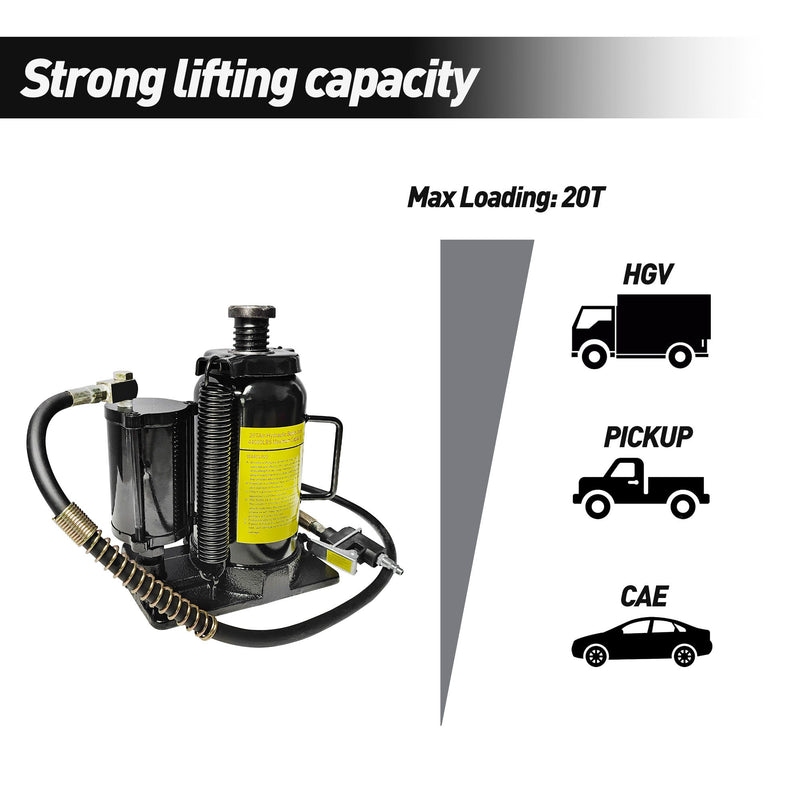 Air Hydraulic Bottle Jack, 20 Ton / 40000 Lbs Bottle Jack, 10.23-20.07-Inch Lifting Range, Manual Handle And Air Pump - Black