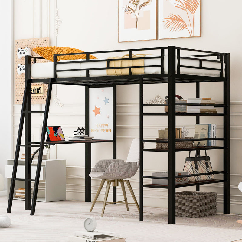 Loft Metal Bed With 3 Layers Of Shelves And Desk, Stylish Metal Frame Bed With board