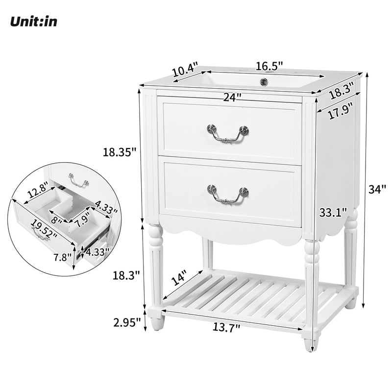 Wave Design Bathroom Vanity With Sink, 2 Drawers And Open Shelf