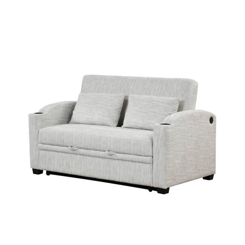 Pull Out Loveseat Sofa With Adjsutable Backrest, 2 Pillows, Cup Holders, USB Ports For Living Room