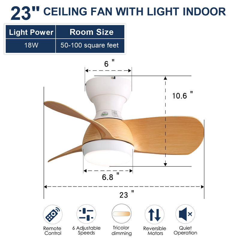 23" Bedroom Ceiling Fan With 3 Color Dimmable 3 ABS Blades Remote Control Dc Motor With 18W Led Light