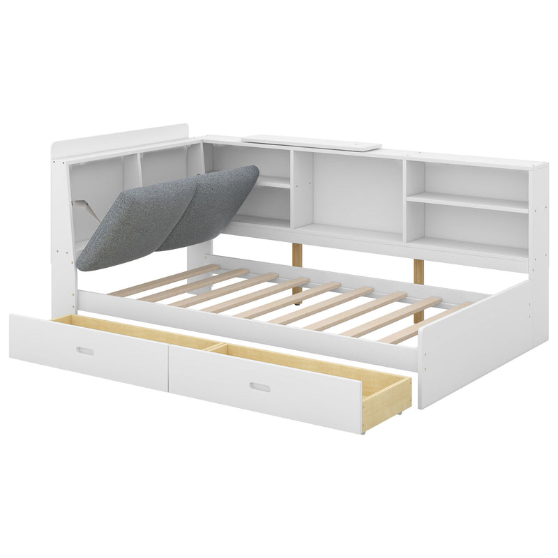 Platform Bed With Storage Headboard, Shelves And 2 Drawers