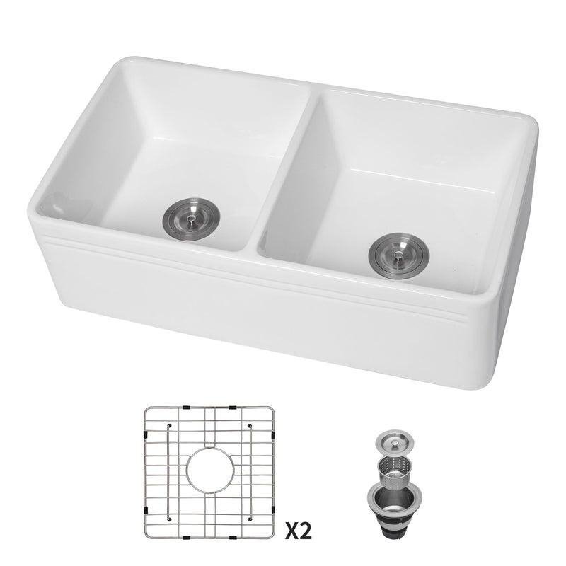Sink 33" Double Bowl Apron Front Kitchen Sink 50 / 50 - White