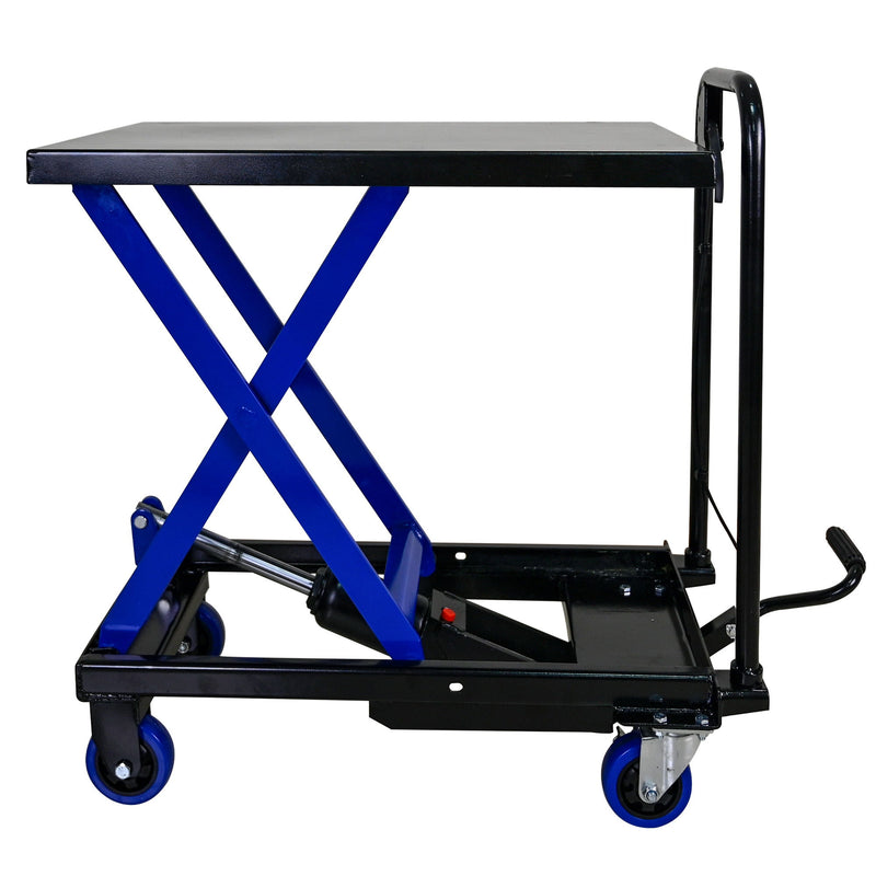 Hydraulic Lift Trolley, 500 Lbs Capacity, With 4 Wheels, For Material Handling And Transportation - Black / Blue