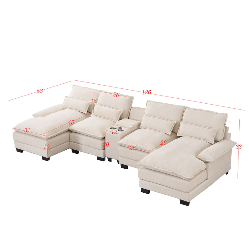 U Shaped Sofa With Console, Cupholders, USB Ports, 6 Seat, Bronzing Suede &