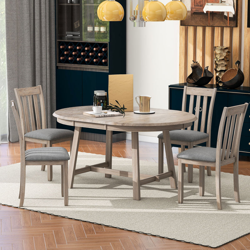 5 Piece Wood Dining Table Set With Extendable Round Table And 4 Chairs