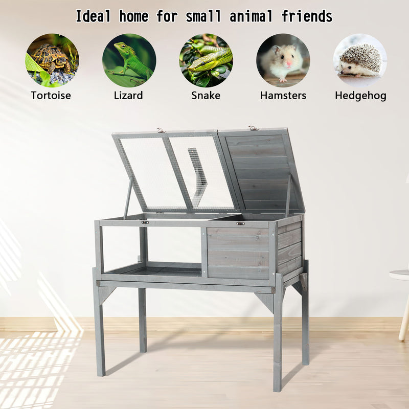Tortoise Habitat Indoor & Outdoor Wooden Tortoise House With Detachable Legs Reptile Cage For Small Animals Non Leak Waterproof Tray - Gray